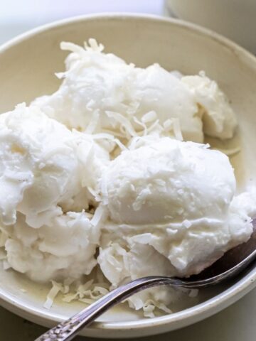 coconut ice cream in a bowl with a spoon.
