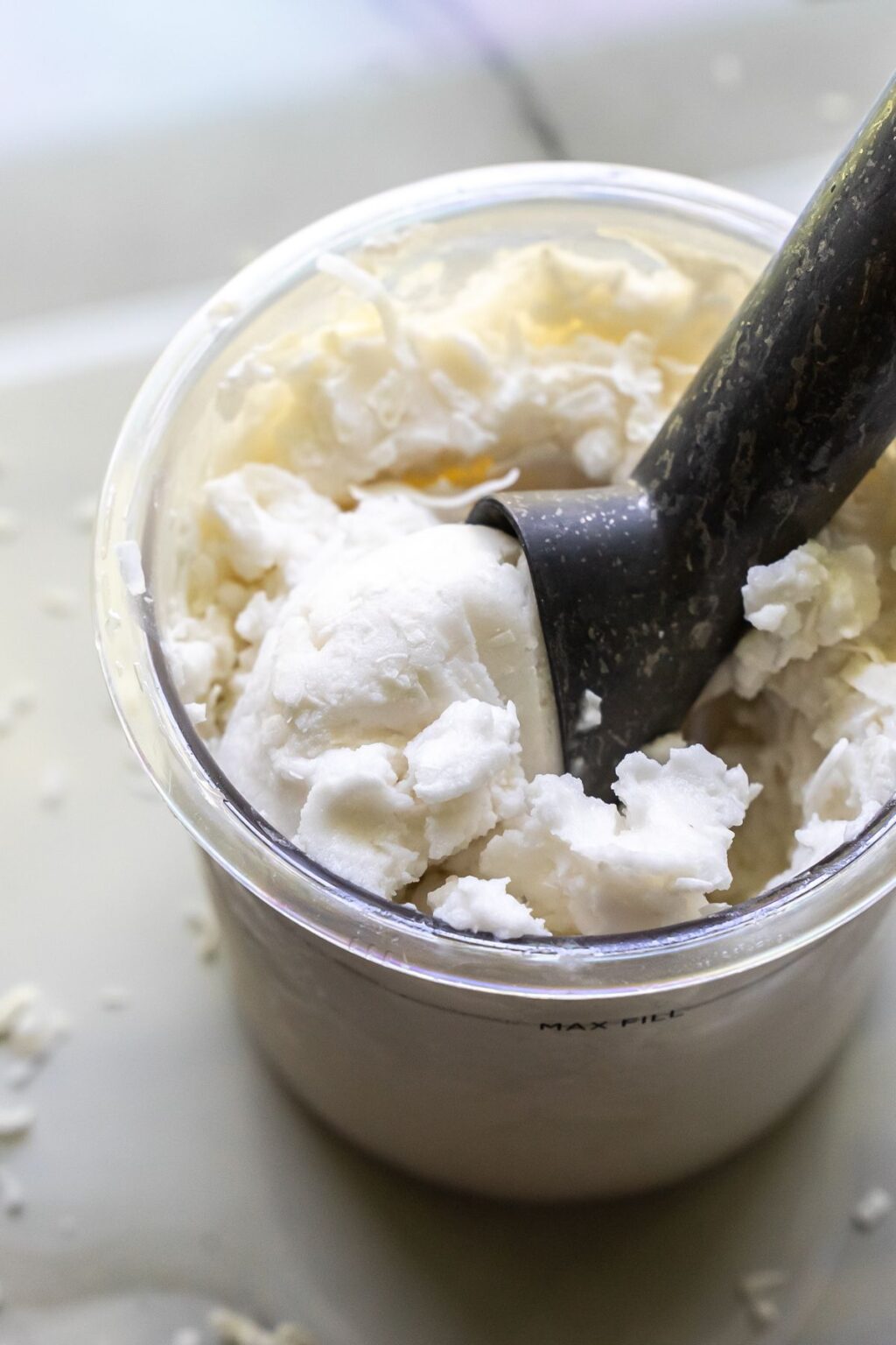 coconut ice cream in a pint with an ice cream scoop.