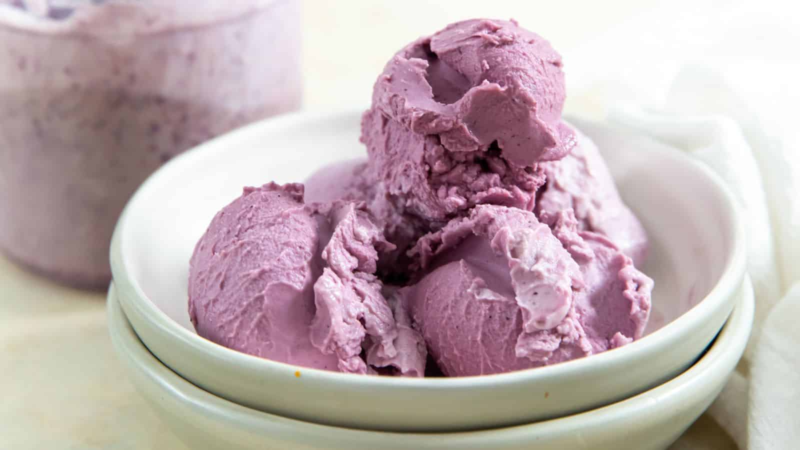 Blueberry Frozen Yogurt in a white bowl with an ice cream scoop.