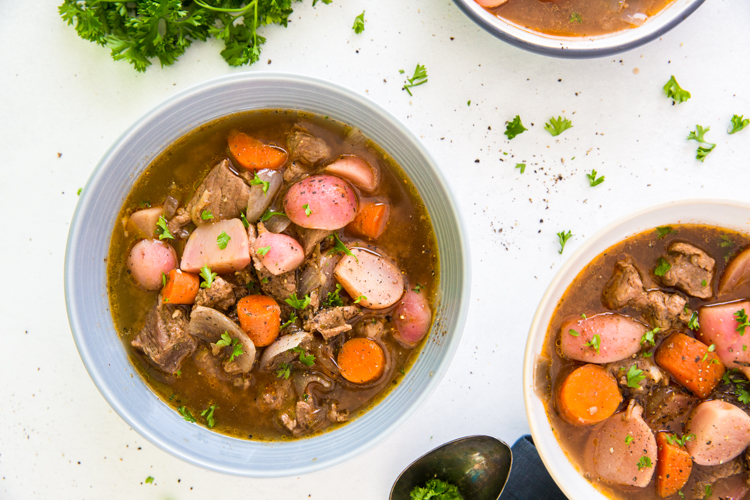 Overhead shot of two Low Carb Crockpot Beef Stew bowls.