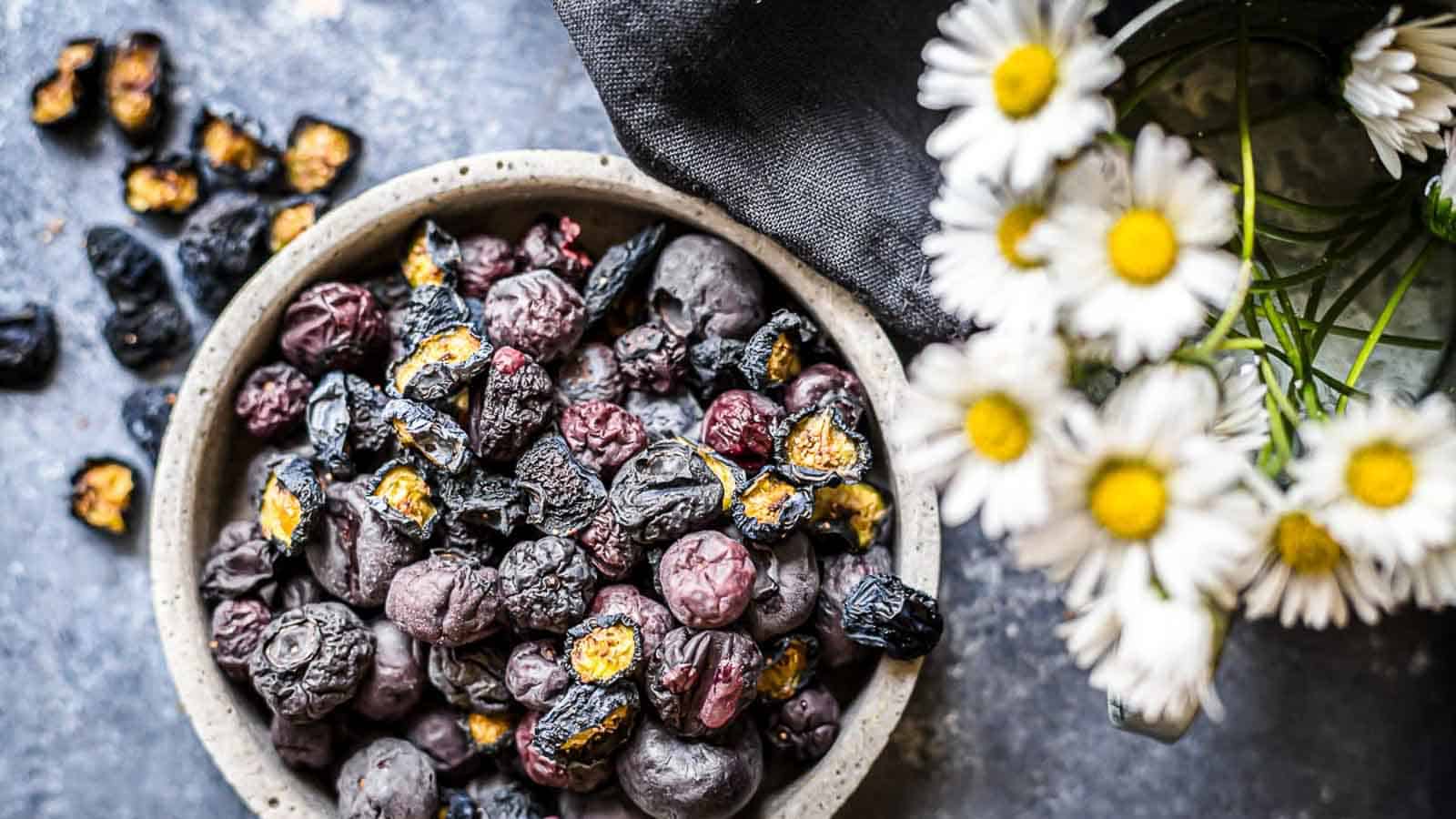 Dried Blueberries inside stone bowl.