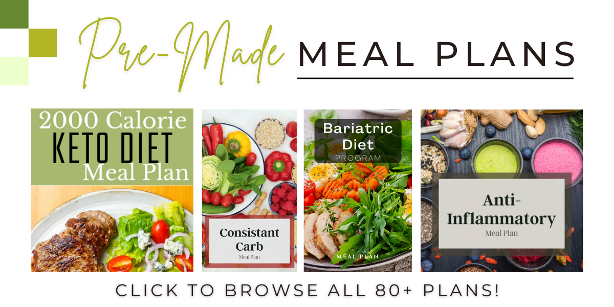         Image of promotional banner showing various pre-made meal plans including a 2000 calorie keto diet, consistent carb, bariatric diet program, and anti-inflammatory meal plans. Text invites browsing 80+ plans with tips like making air fryer fried eggs.