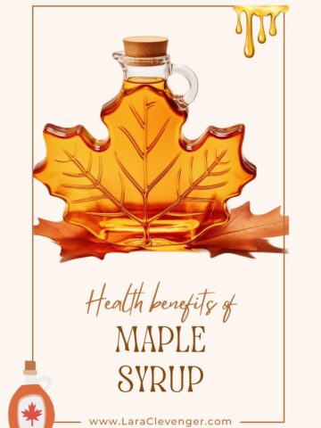 A maple leaf-shaped bottle brimming with amber maple syrup highlights the many maple syrup benefits. The text reads "Health Benefits of Maple Syrup" with a website link at the bottom.