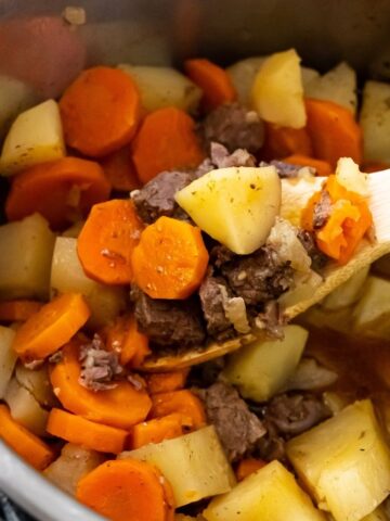 A spoon lifting 27 chunks of beef, carrots, and potatoes from a pot of stew.