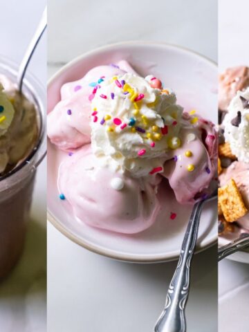 Three dessert bowls, each with a delightful sundae: on the left is a chocolate shake adorned with whipped cream and sprinkles, in the center is strawberry ice cream topped with whipped cream and sprinkles, and on the right is a chocolate sundae garnished with healthy ice cream toppings.