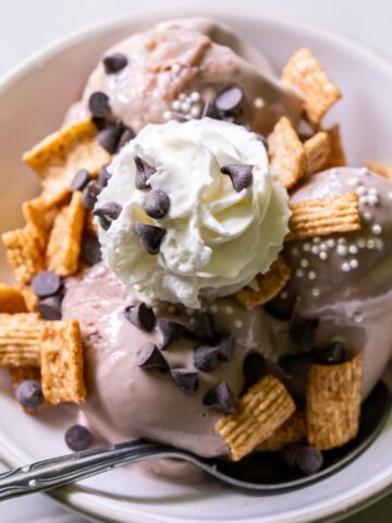 chocolate frozen yogurt with whipped cream, chocolate chips.