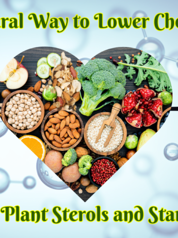 Heart-shaped arrangement of fruits, vegetables, and nuts with text promoting plant sterols and stanols for lowering cholesterol, set against a background of molecular structures and a heartbeat line.