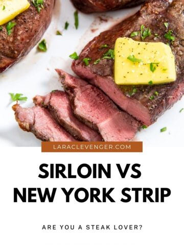 Close-up of cooked steaks topped with butter and herbs on a white plate. Text reads: "Sirloin vs New York Strip. Are you a steak lover?.