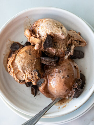 Bowl of chocolate ice cream with chunks of chocolate, placed on a white plate, with a spoon resting inside.