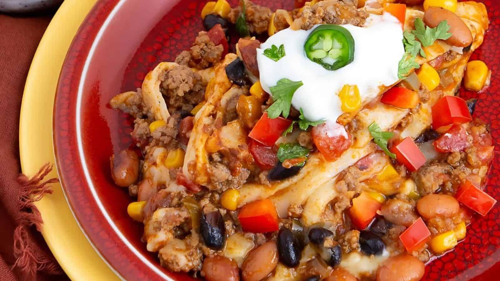 Mexican casserole with ground beef and cheese.