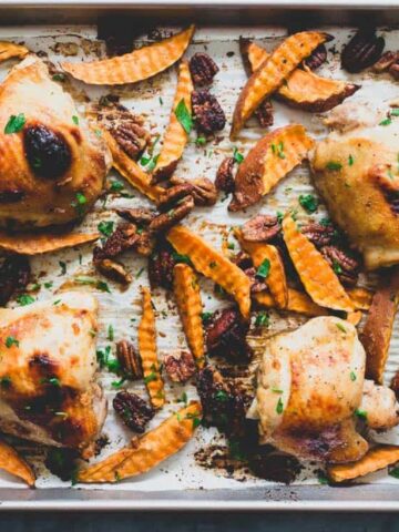 chicken and sweet potato in a pan