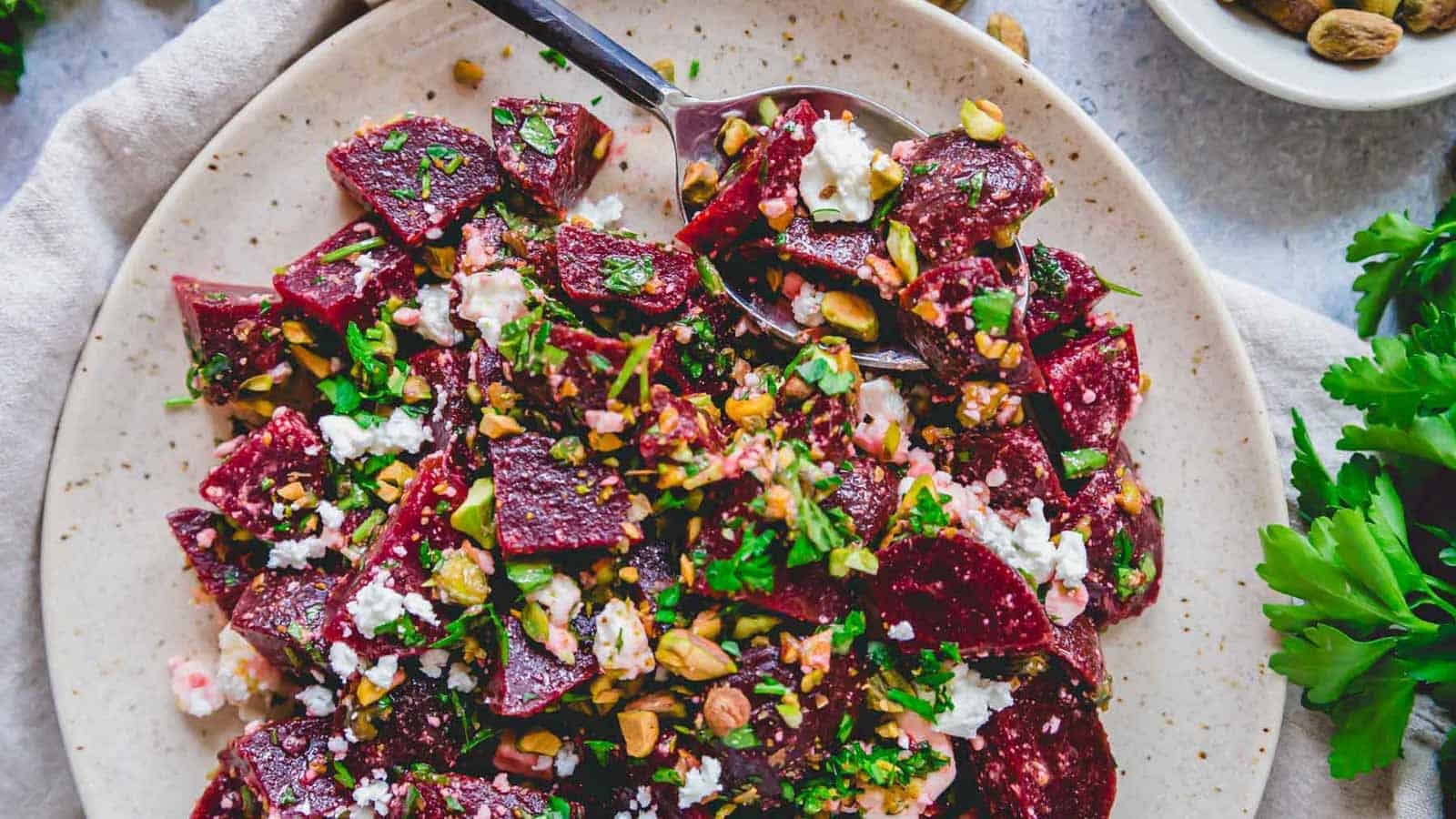 Feta Beet Salad with a fork.