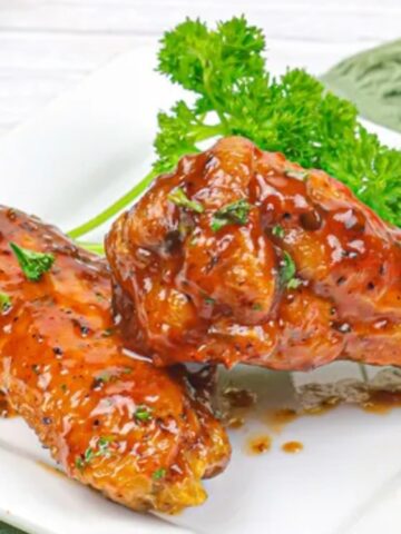Air Fryer Jerk Chicken Wings garnished with parsley in a square plate