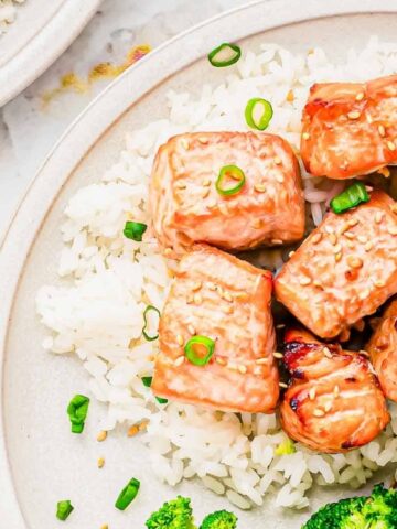 salmon cubes, rice and broccoli in a plate