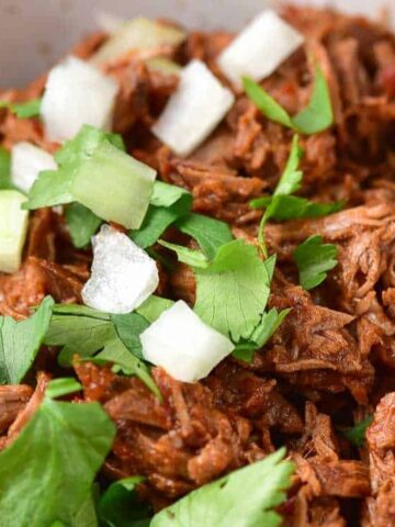 shredded beef top with chopped cilantro in a bowl