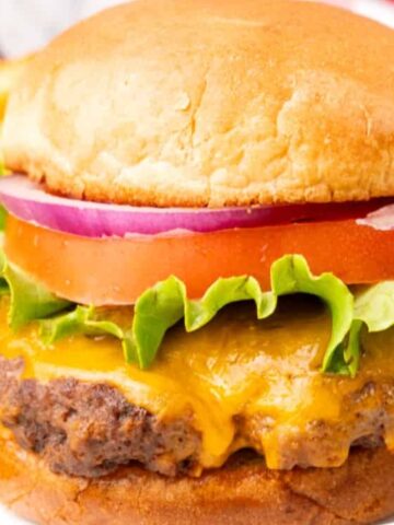 cooked ground meat patty served inside a split bun with tomato slice, lettuce, onion slice and melted cheese on a plate