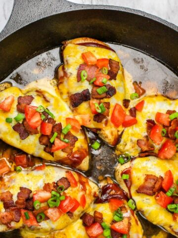 chicken, bacon, cheese and onions in a pan