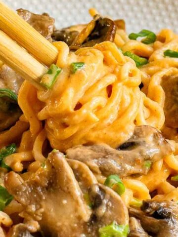 Mushroom, chard and creamy noodles rolled in chopsticks on a plate