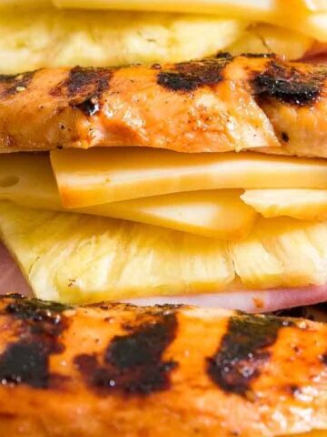Hawaiian pineapple chicken with ham and melted cheese and teriyaki glaze