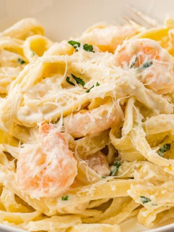 fettuccine pasta with white Alfredo sauce with shrimp, grated with cheese on top[ and chopped parsley in a bowl.