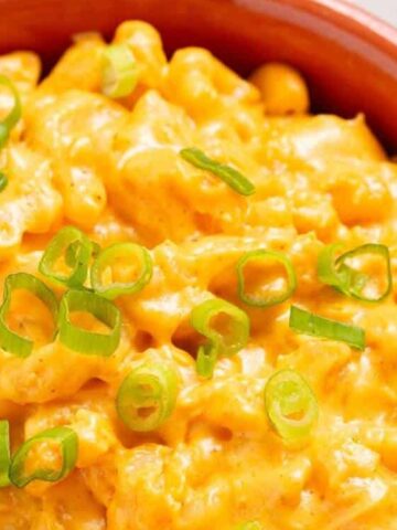 mac n cheese on a crock pot garnish with green onions