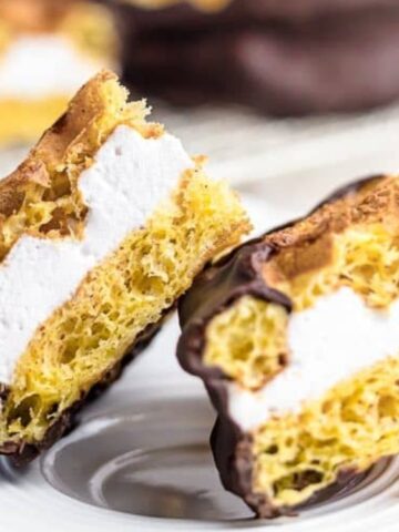 chaffle with marshmallow on the inside coated with chocolate on the outside