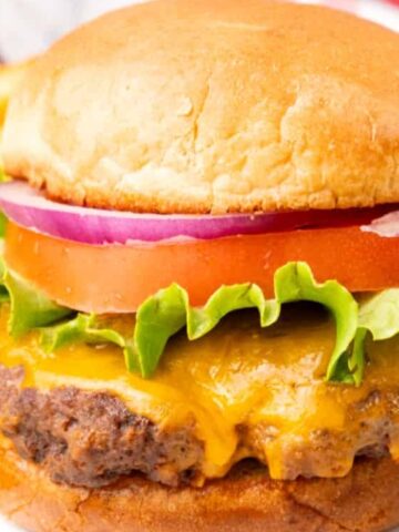 A cheeseburger with lettuce, tomato, red onion, and melted cheddar cheese in a bun, served with French fries on a white plate.