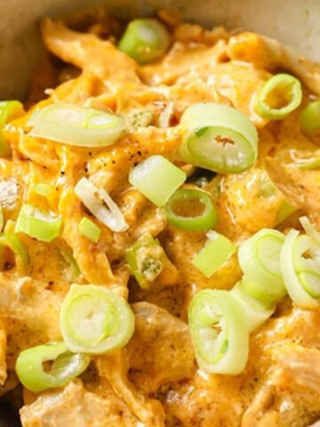 A bowl of creamy shredded chicken dish topped with sliced green onions.