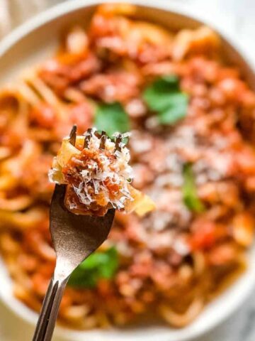 A close-up of a fork holding a bite of pasta topped with tomato sauce and grated cheese, with a plate of pasta blurred in the background.