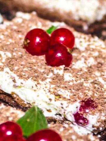 A close-up of a dessert bar with a chocolate base, creamy topping, chocolate shavings, and red berries as garnish.