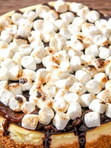 A cheesecake topped with toasted mini marshmallows and chocolate drizzle sits on a plate over a woven placemat.