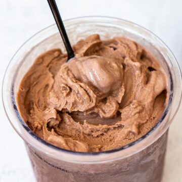 Chocolate Fairlife milk ice cream with spoon