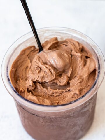 Chocolate Fairlife milk ice cream with spoon