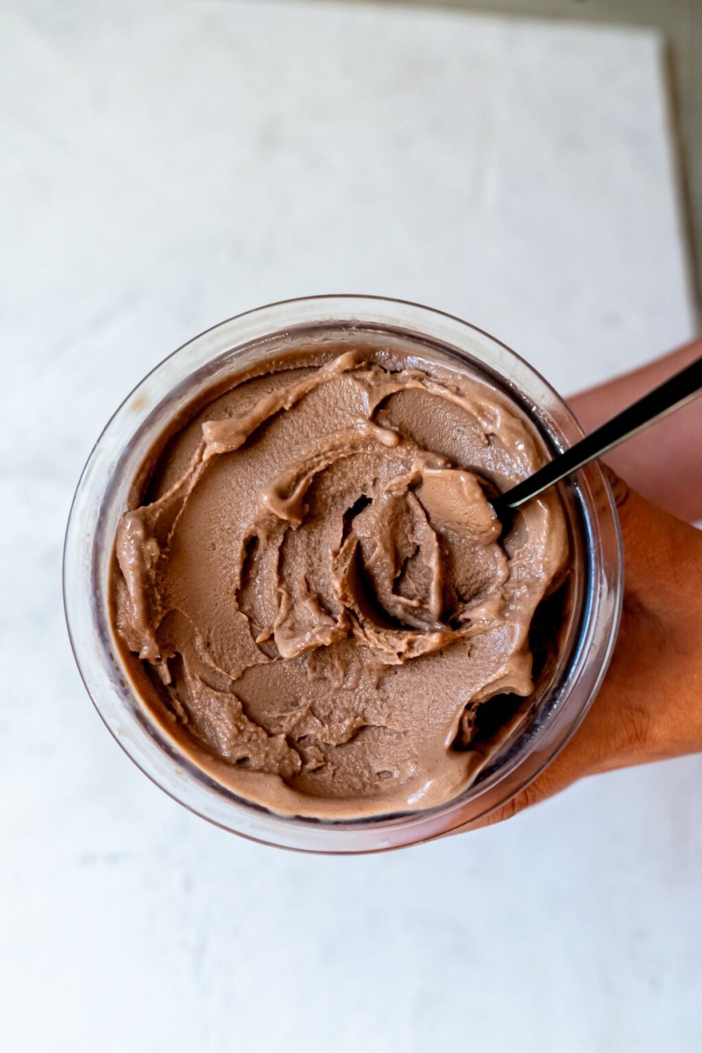 Chocolate Fairlife milk ice cream with spoon