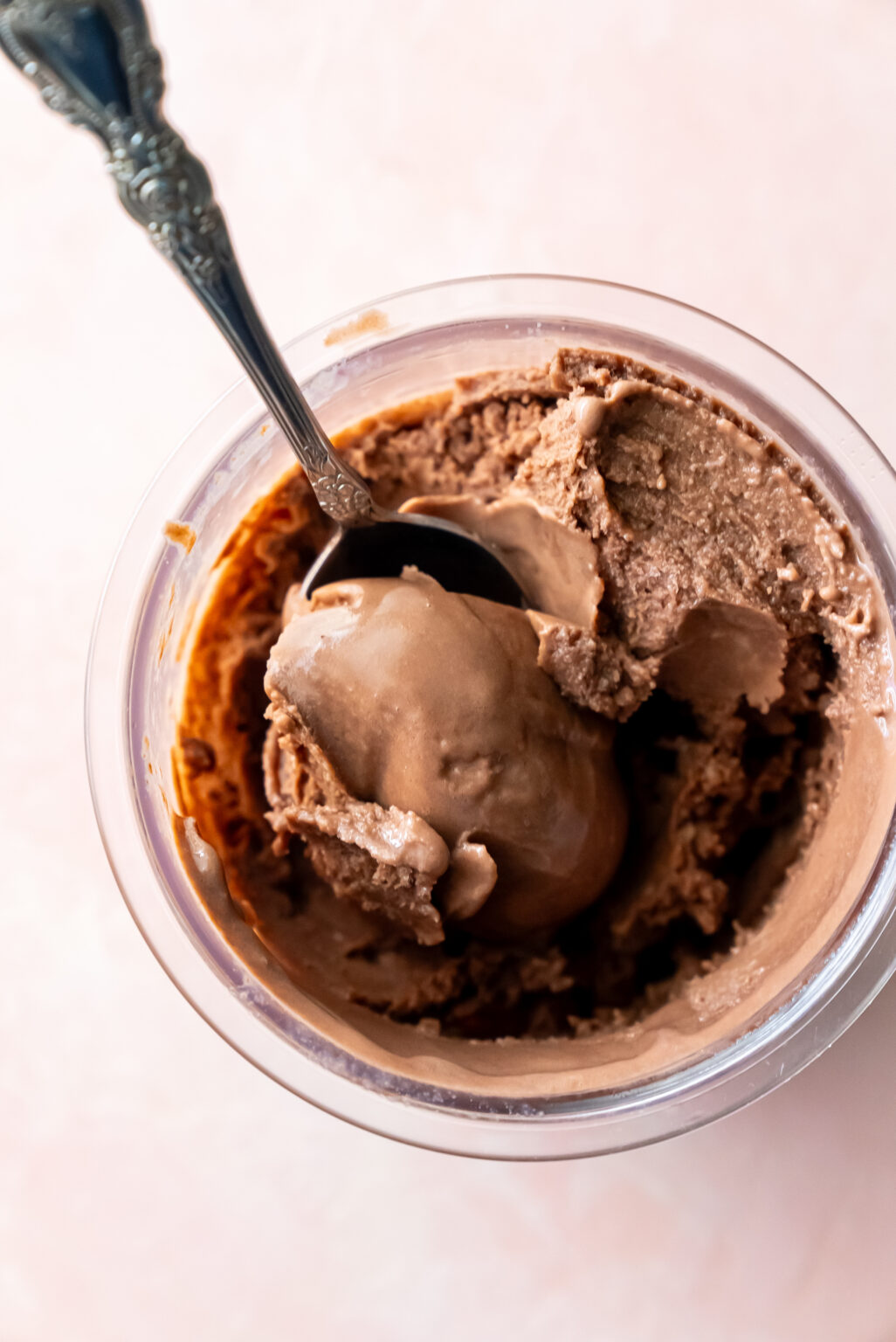 Ninja Creami chocolate malt ice cream with a spoon.