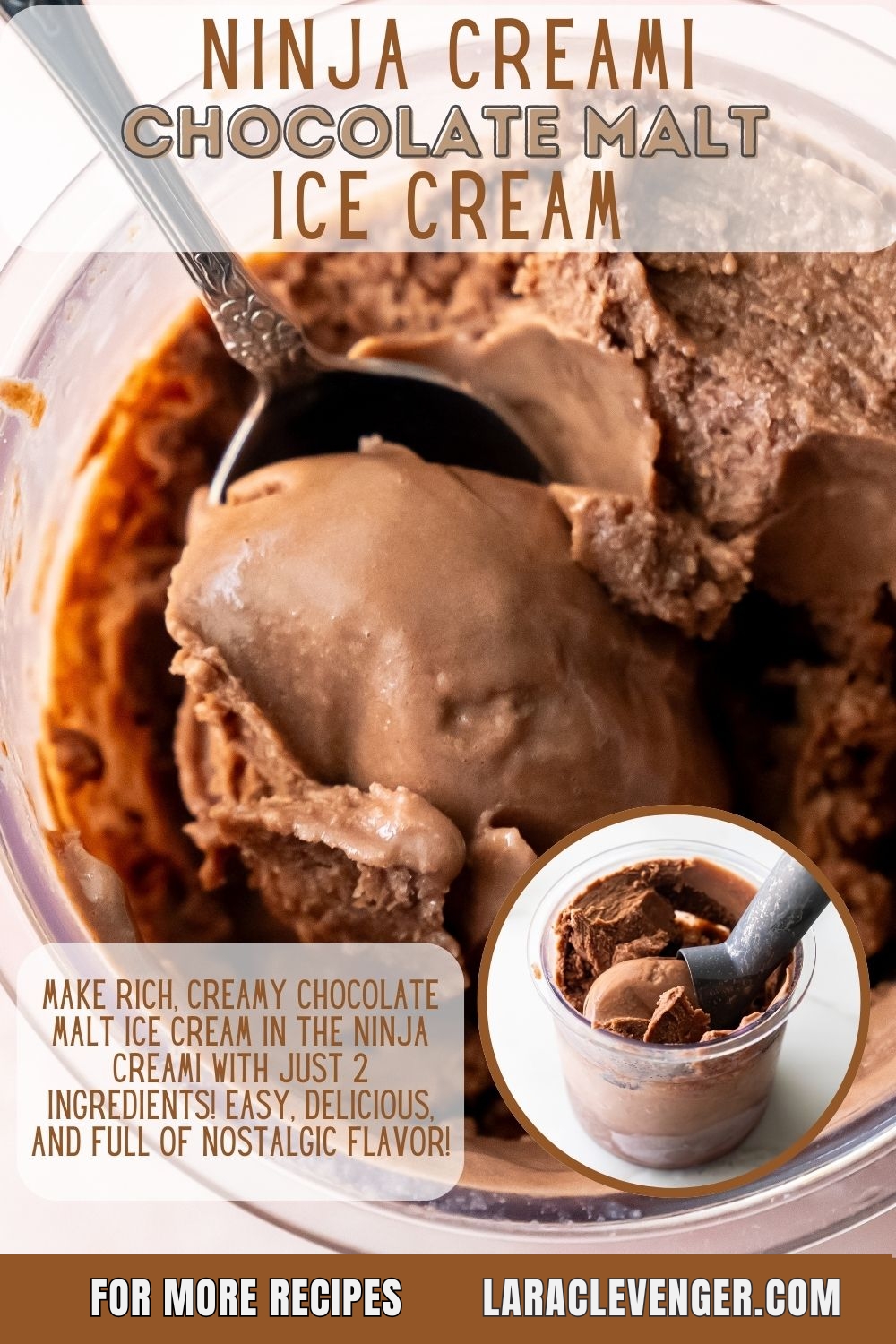 A pin showing a photo of Close-up of a silver spoon digging into a pint of Ninja Creami Chocolate Malt Ice Cream, revealing its thick, velvety consistency and deep brown color, ready to be enjoyed straight from the container with the text "Ninja Creami Chocolate Melt Ice Cream" displayed.