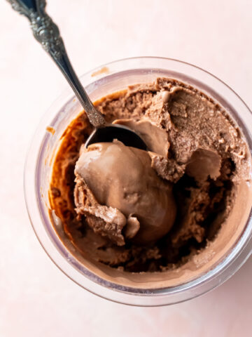 Ninja Creami chocolate malt ice cream with a spoon.