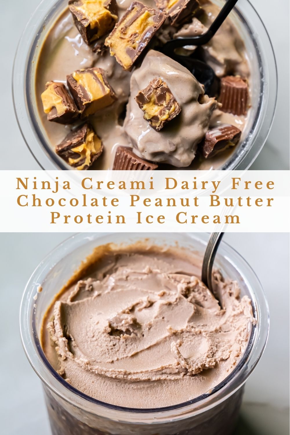 Two images of chocolate peanut butter protein ice cream, one with large chocolate chunks and the other smoothly scooped. Text: "Ninja Creami Dairy Free Protein Ice Cream - Chocolate Peanut Butter.