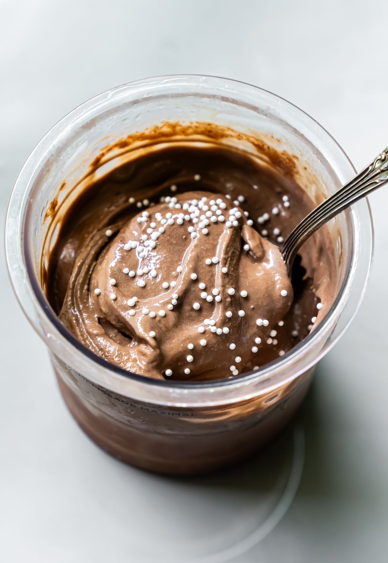 Dark Chocolate Protein Ice Cream with spoon.
