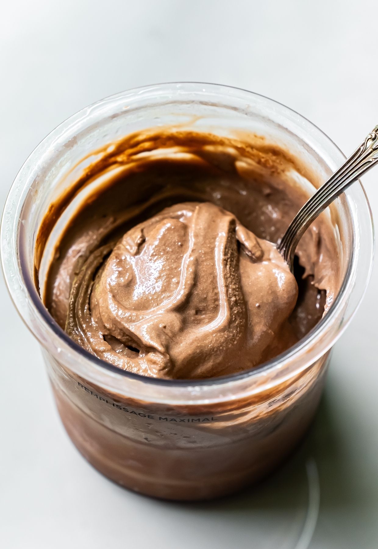 Dark Chocolate Protein Ice Cream with spoon.