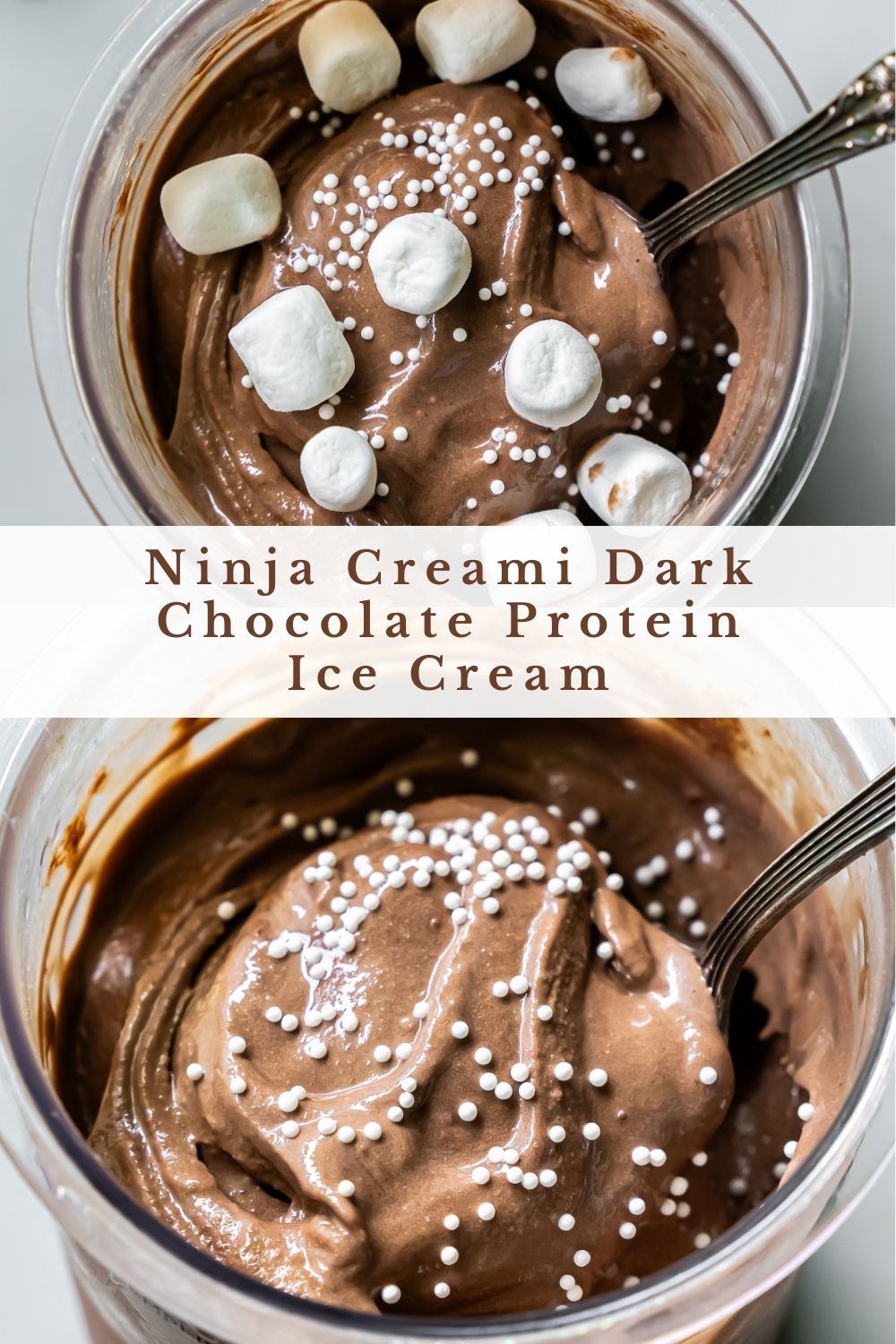 Dark Chocolate Protein Ice Cream with marshmallow, and spoon.