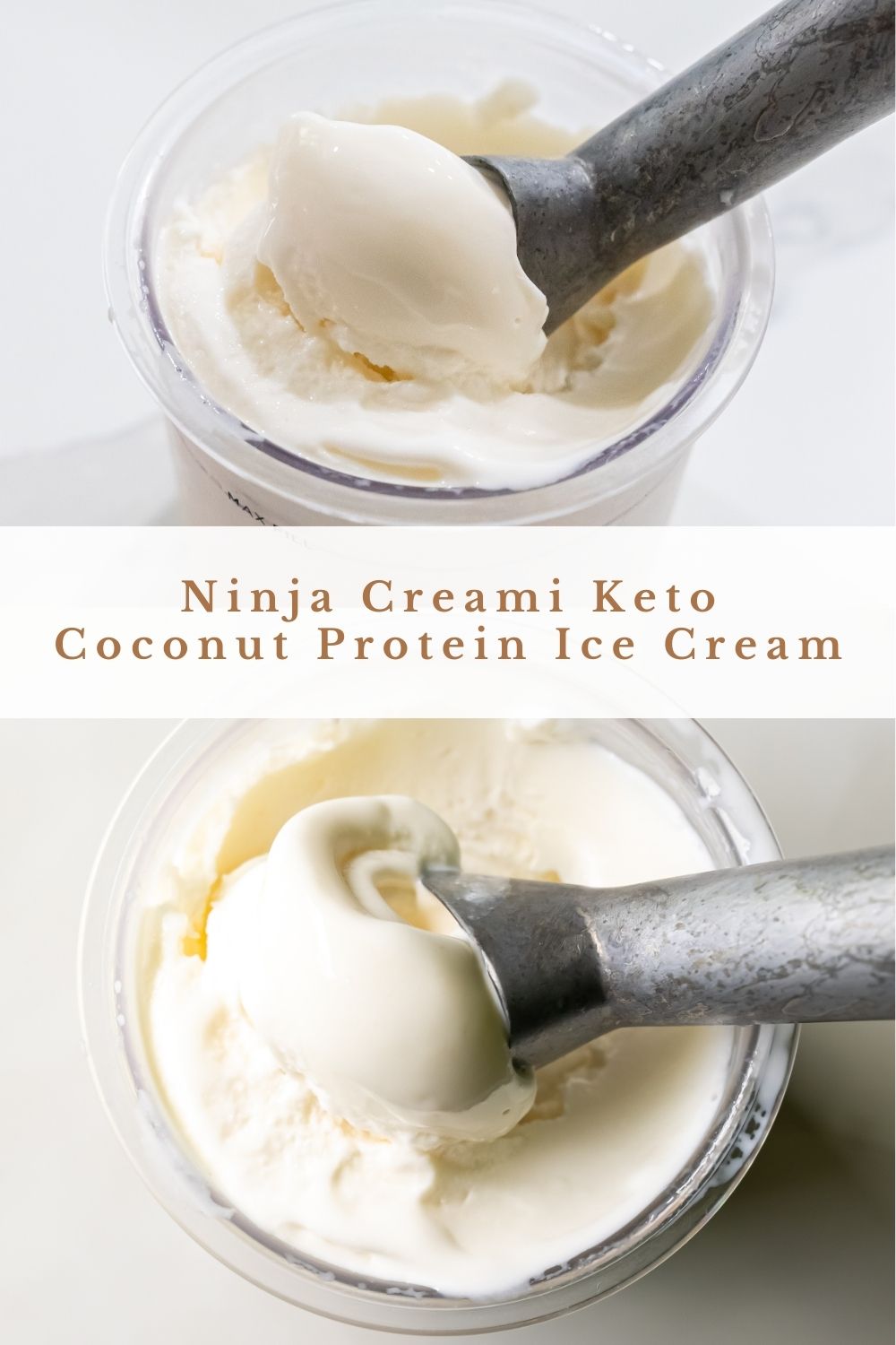 A close-up shot of a container of Ninja Creami Keto Coconut Protein Ice Cream being scooped with a metal spoon.