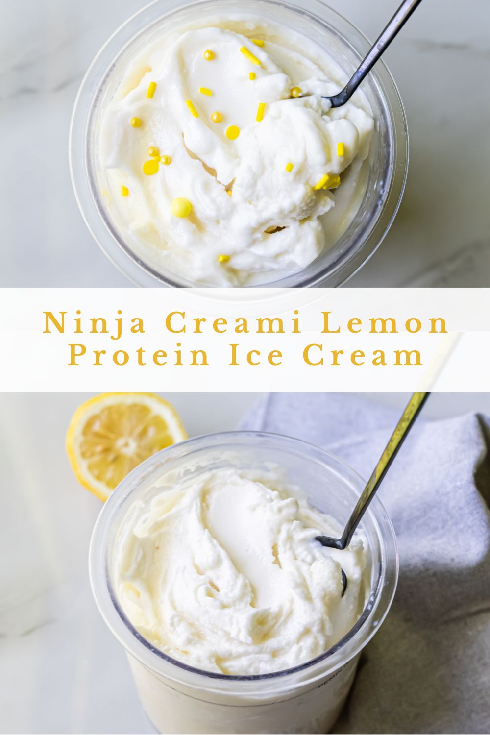 lemon protein ice cream with a spoon.