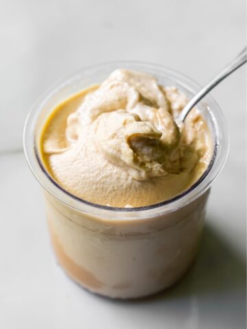 oat milk protein coffee ice cream with a spoon