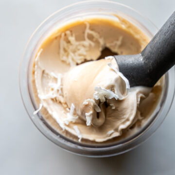 pina colada ice cream topped with shredded coconut flakes.