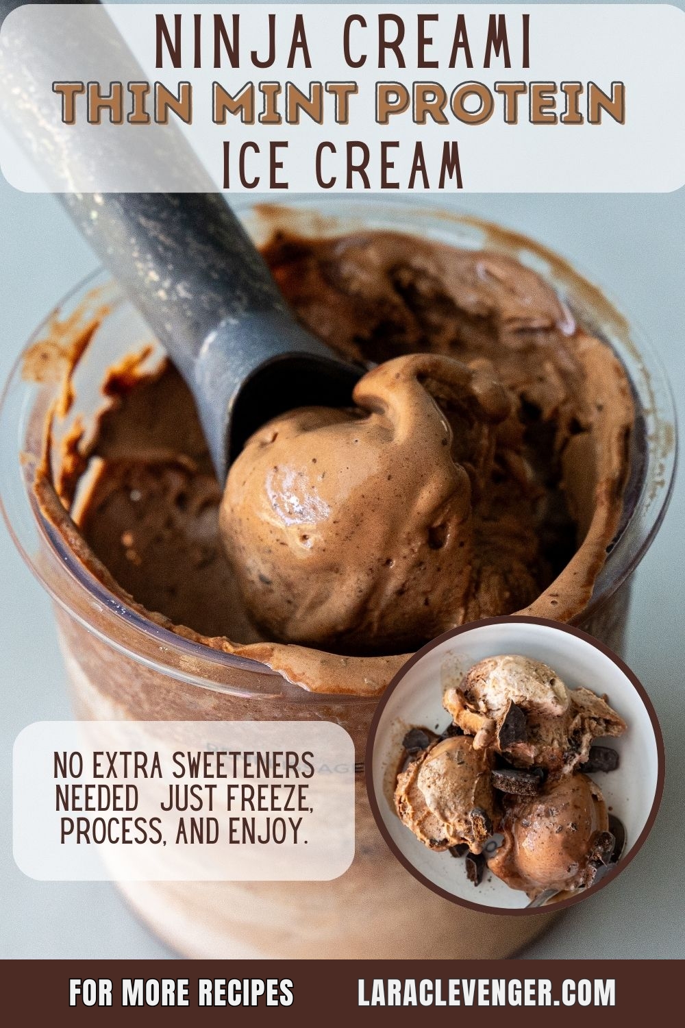 Graphic promoting “Ninja Creami Thin Mint Protein Ice Cream” with bold text overlay: “No extra sweeteners needed — just freeze, process, and enjoy.” Features main pint + inset bowl shot, plus website URL at bottom — ideal for social sharing or blog pins.